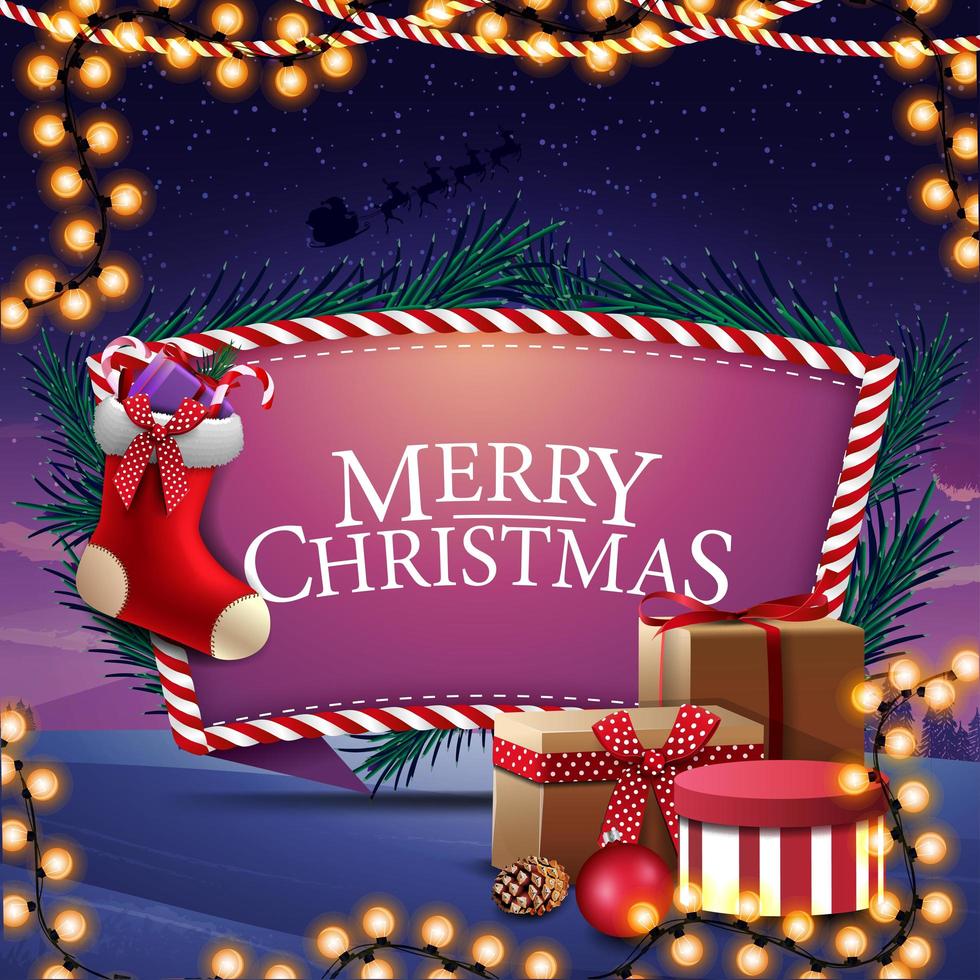 Merry Christmas, postcard with presents, Christmas stockings and beautiful landscape on the background vector