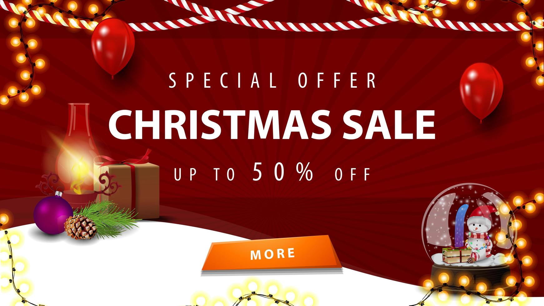 Special offer, Christmas sale, up to 50 off, red discount banner for homepage your website with antique lamp and snow globe vector