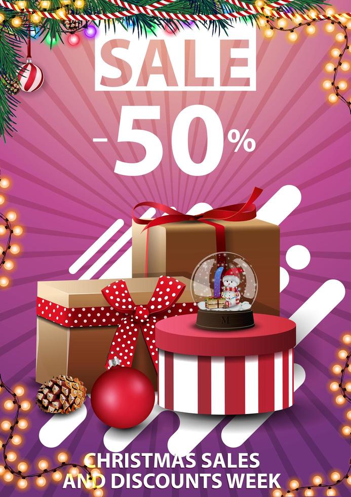 Christmas sales and discount week, up to 50 off, pink vertical discount template for your business with Christmas presents vector