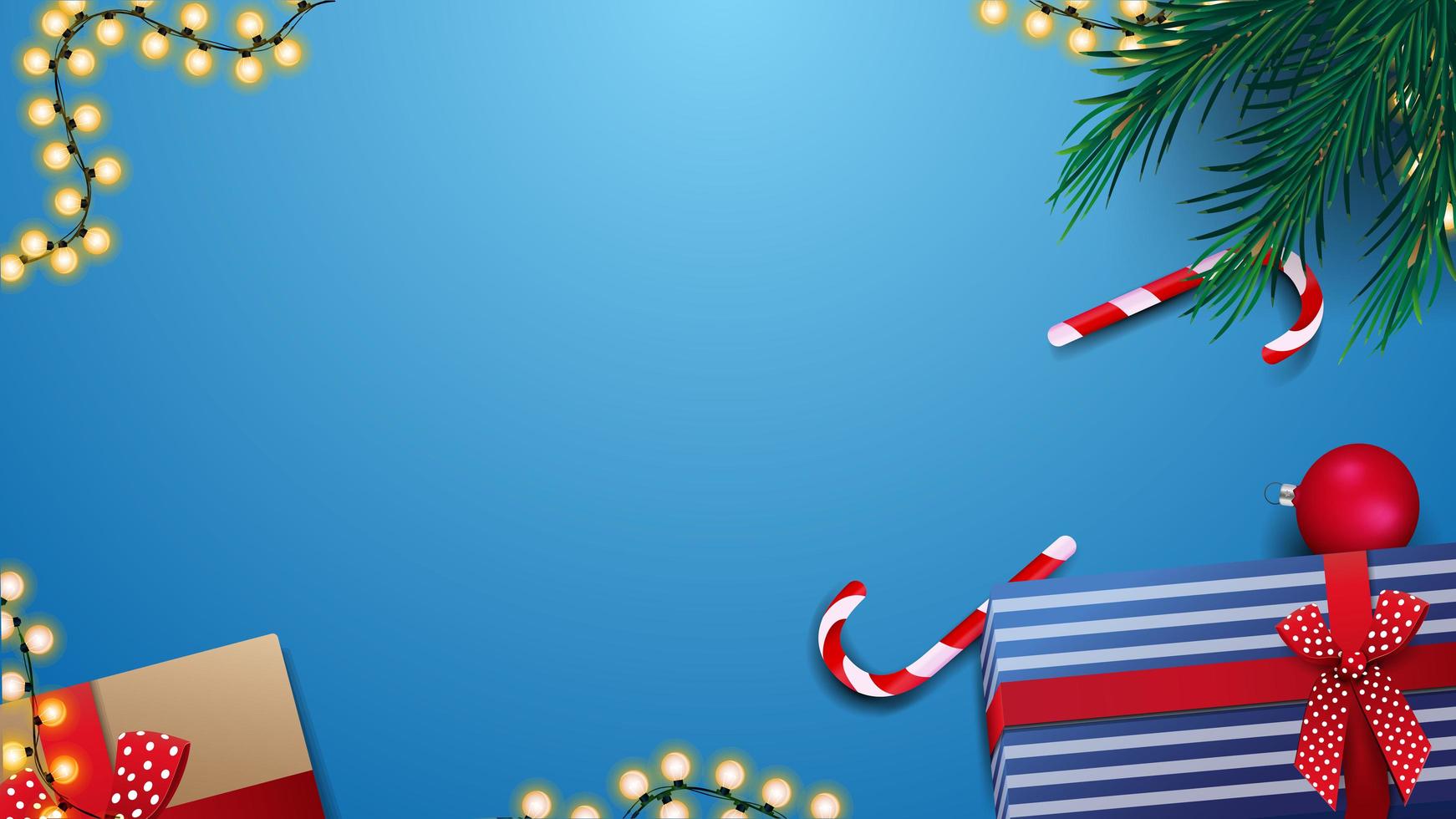 regalos, bastones de caramelo, rama de árbol de Navidad y guirnaldas en la mesa azul, vista superior. fondo para banner de descuento o postal de felicitación vector