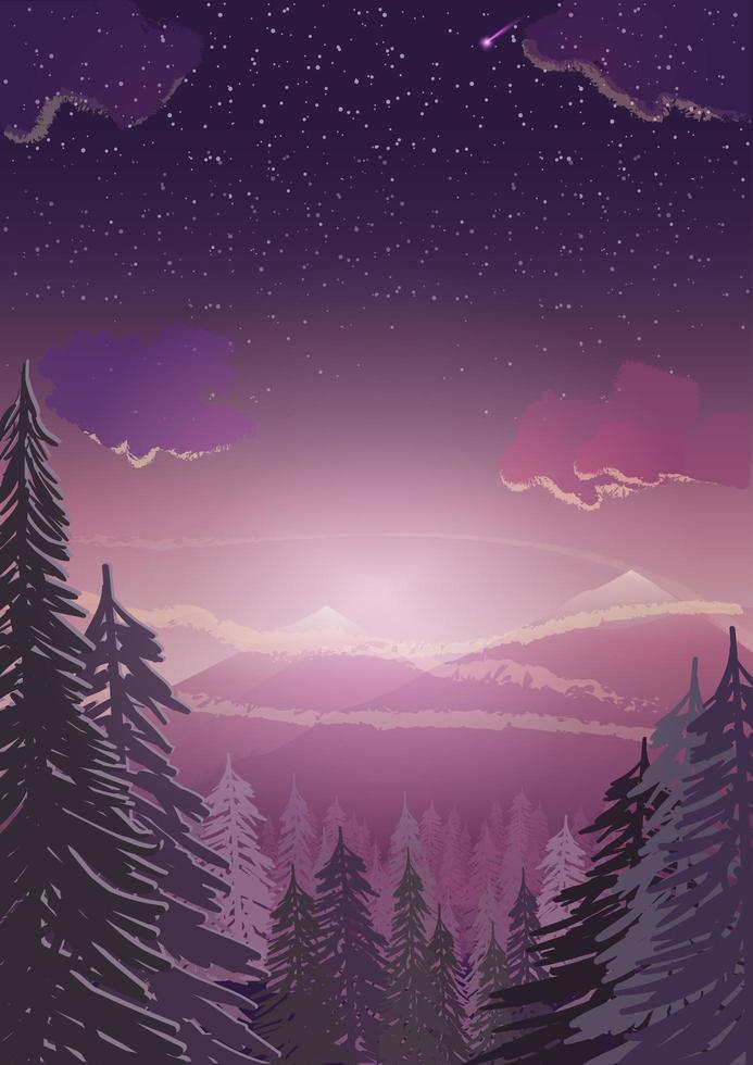 Winter landscape. Pine forest, snowy mountains and sunset vector