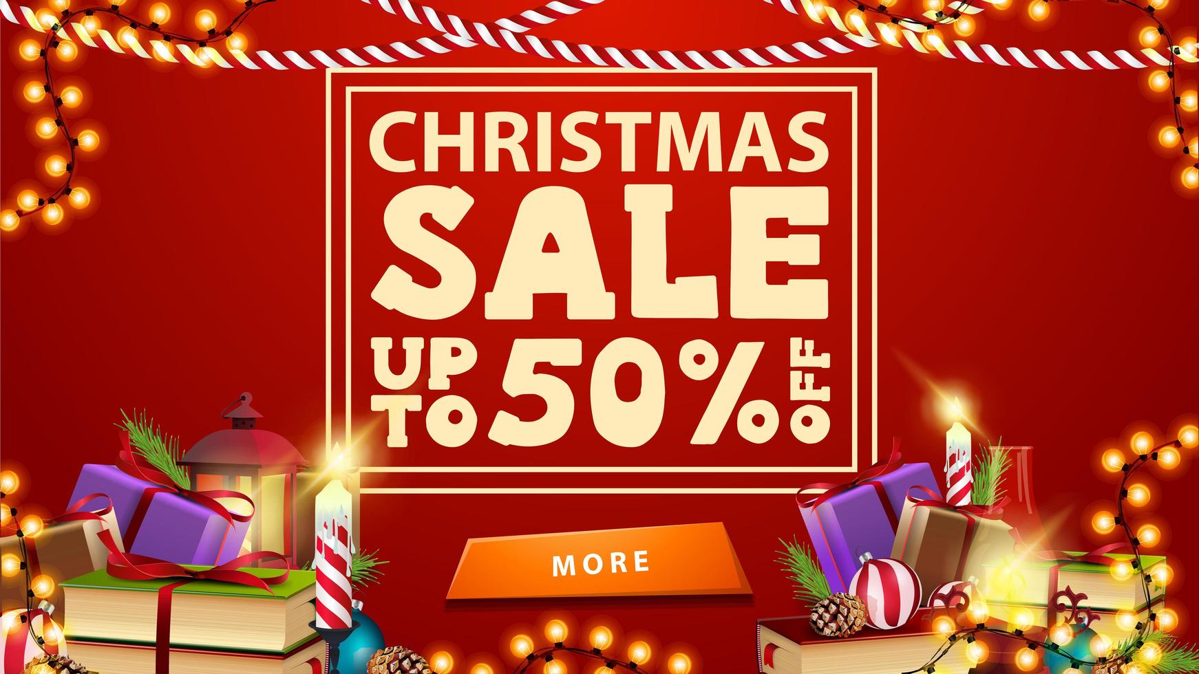 Christmas sale, up to 50 off, red discount banner with garland, button and presents. vector