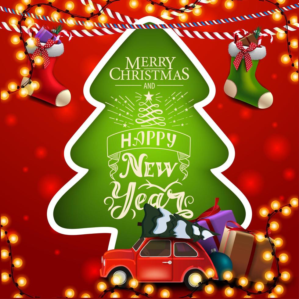 Merry Christmas and a happy New Year, red and green square greeting card with Christmas tree vector