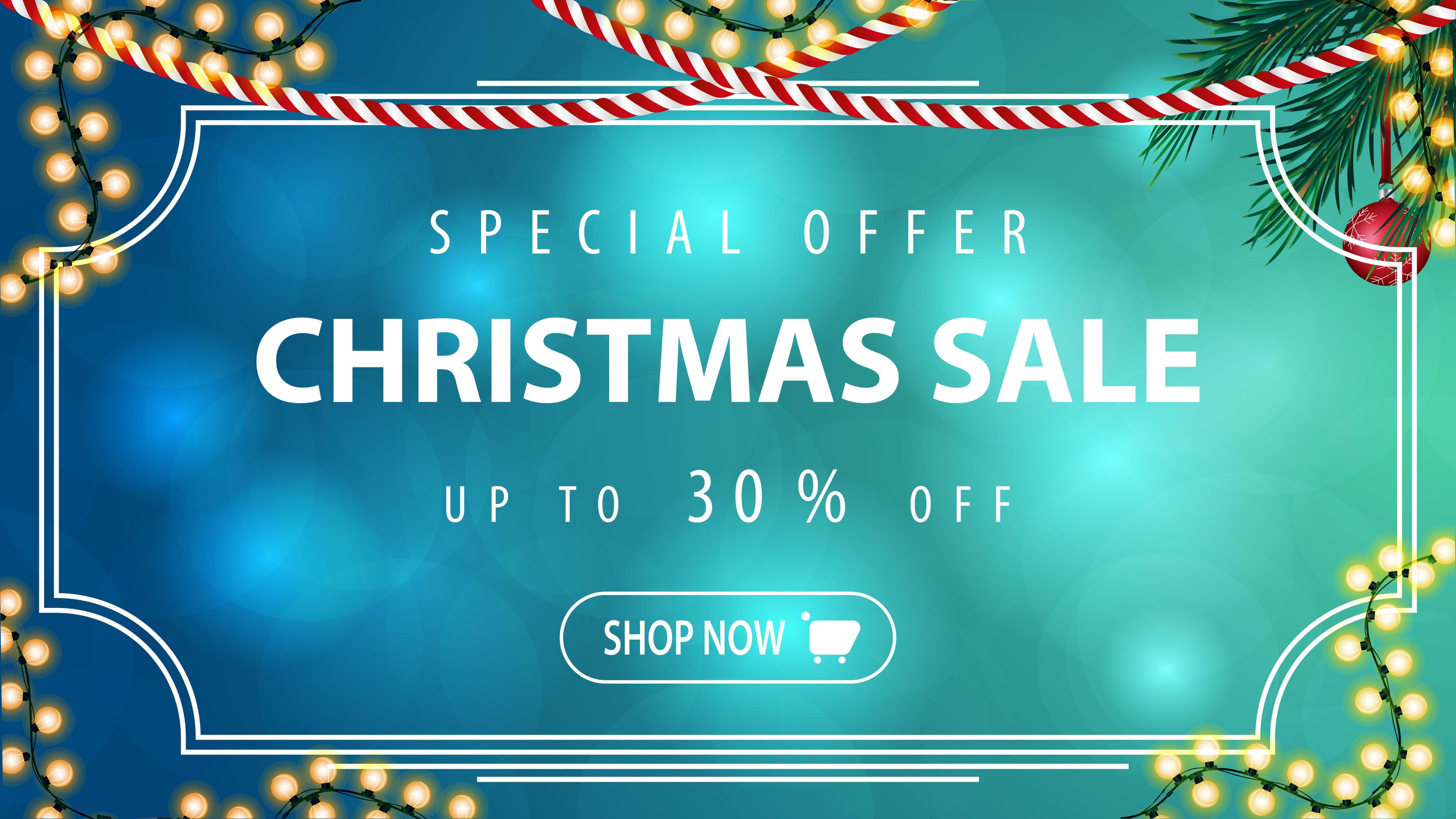 Special offer, Christmas sale, up to 30 off, blue horizontal discount banner with vintage frame