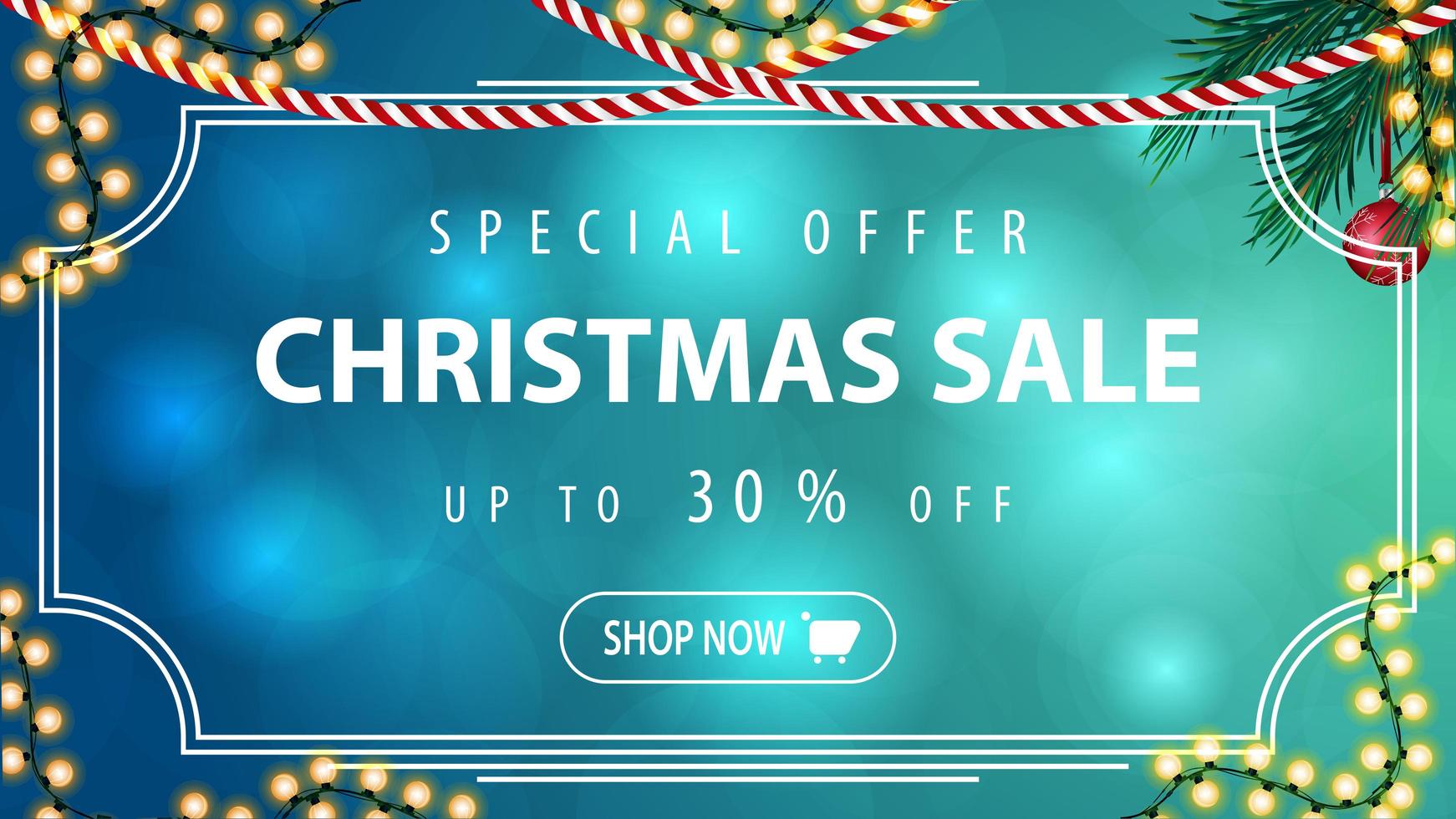 Special offer, Christmas sale, up to 30 off, blue horizontal discount banner with vintage frame, garland and Christmas tree branch vector