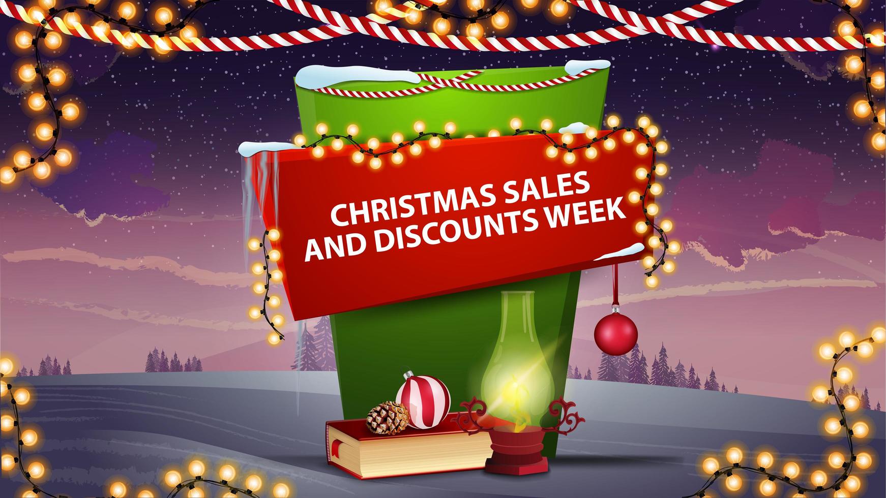 Christmas sales and discount week, vertical banner for your creativity in cartoon style with antique lamp, Christmas book, Christmas ball and cone. Discount banner with beautiful winter landscape on the background vector