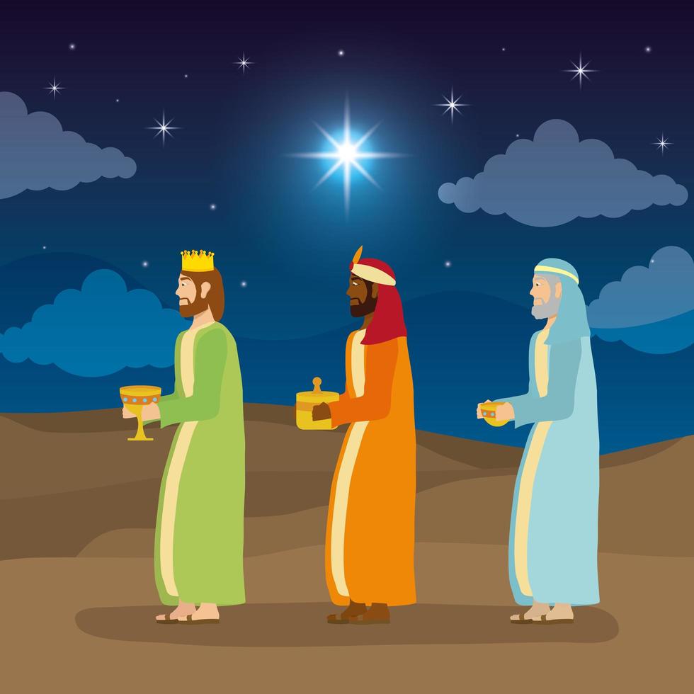 epifanía de jesús con magos trayendo regalos vector