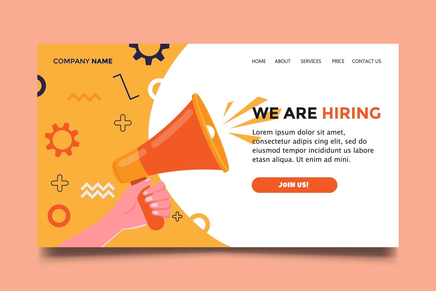 We're Hiring Website Home Page with Hand Holding Megaphone icon campaign. vector