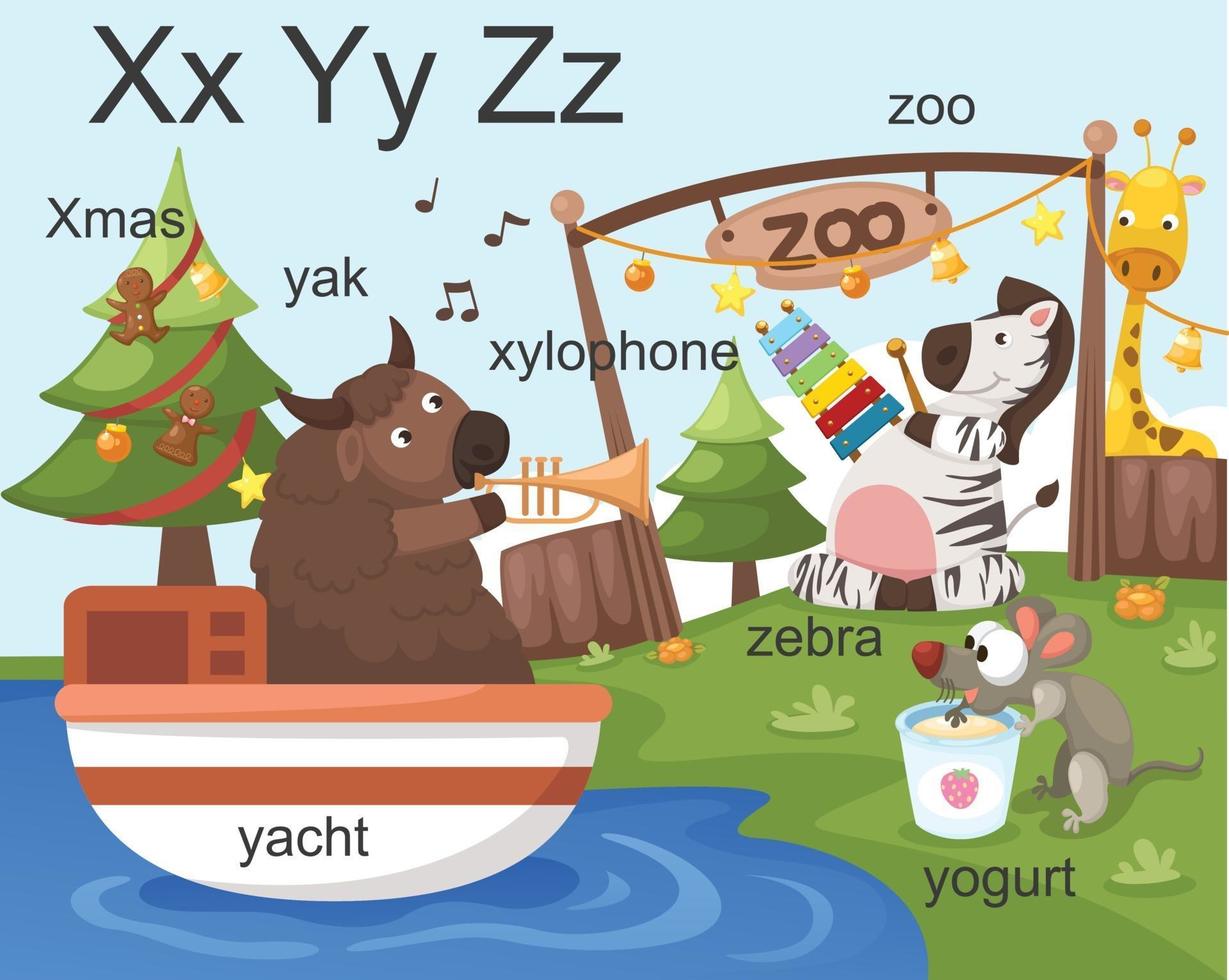 Alphabet X-Y-Z letter xmas, xylophone, yak, yacht, yogurt, zoo, zebra vector