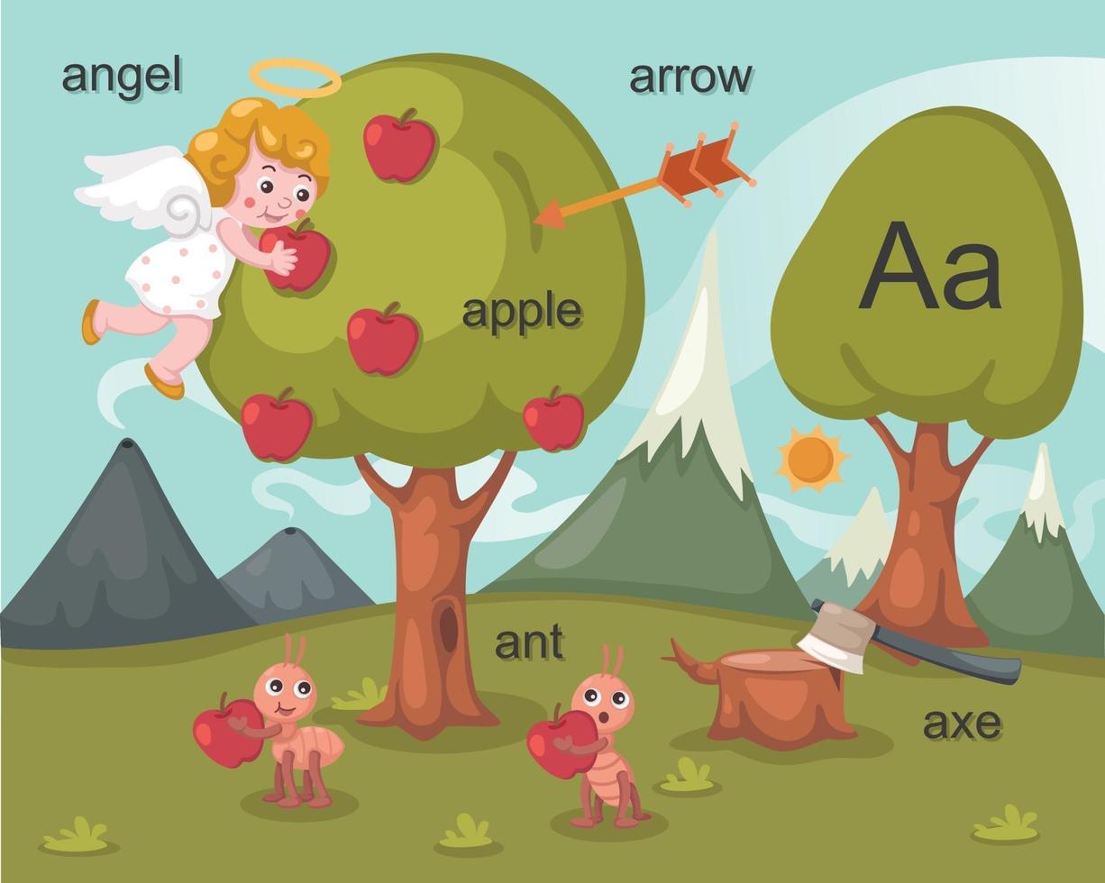 alfabeto una letra ángel, manzana, flecha, hormiga, hacha. vector
