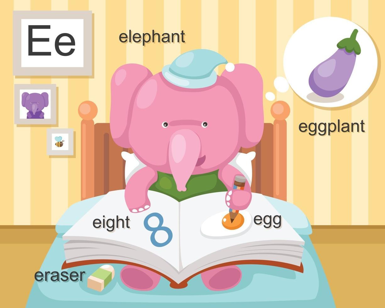 Alphabet E letter eraser, eight, egg, eggplant, elephant. vector