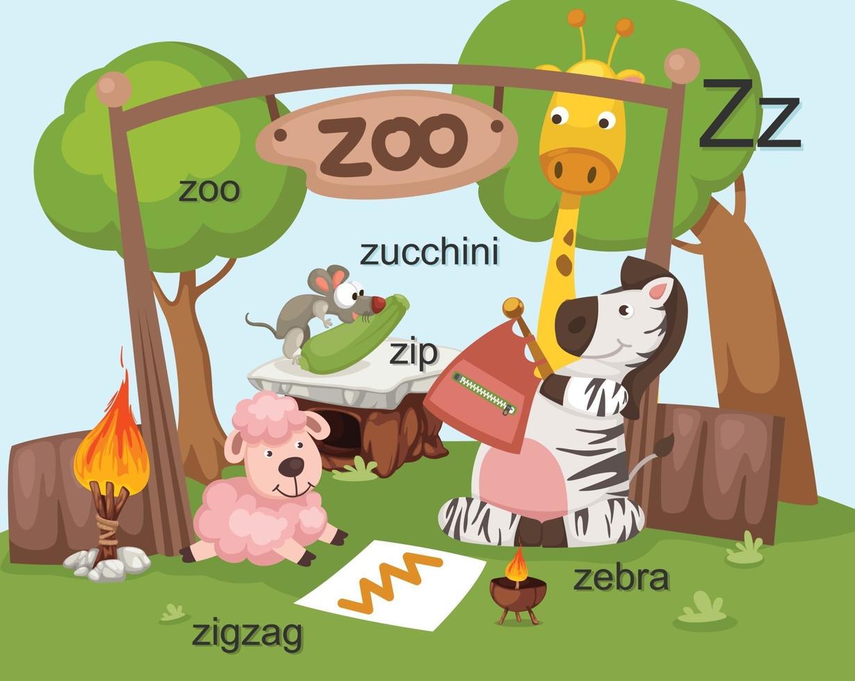 Alphabet Z letter, zoo, zip, zebra, zigzag, zucchini vector