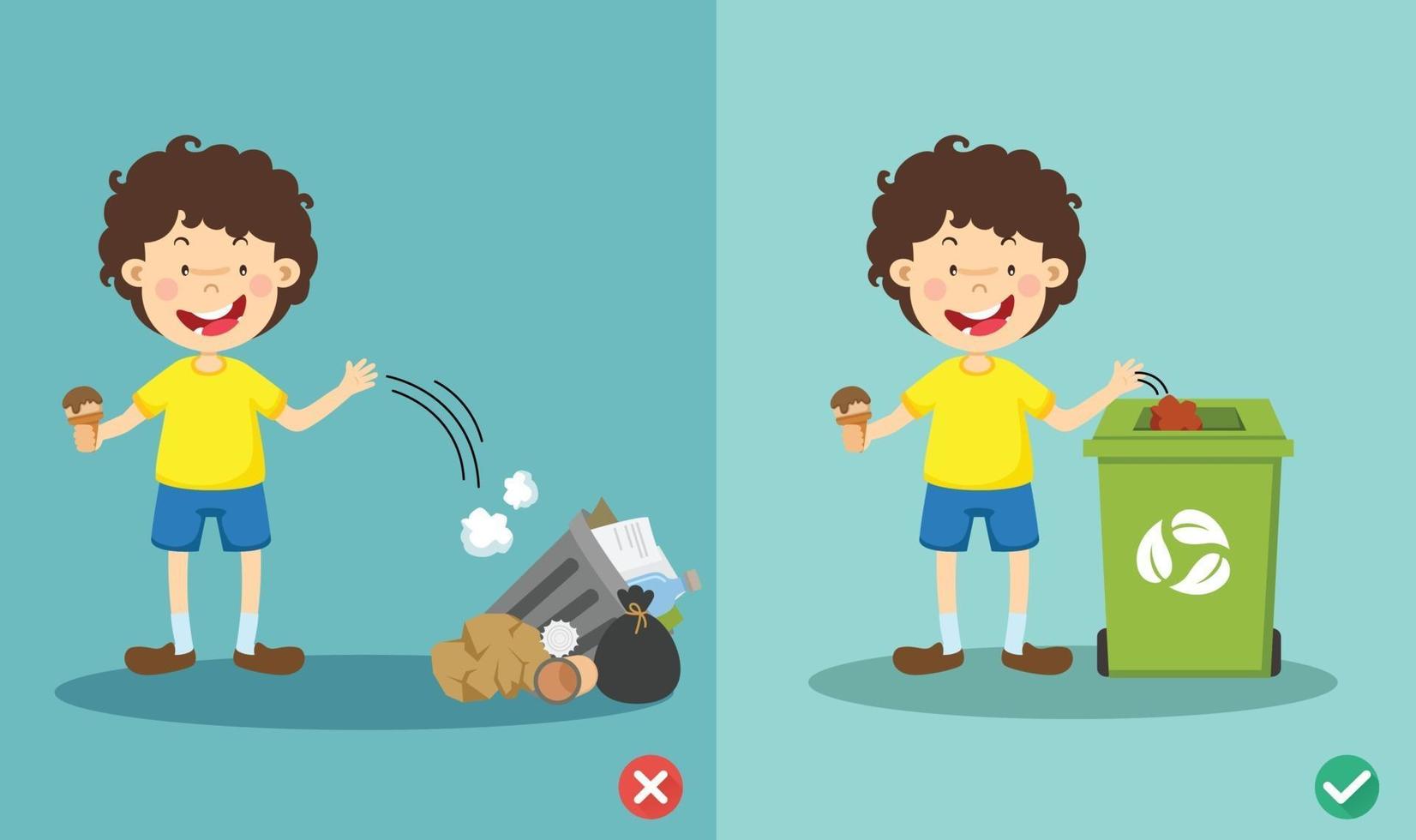 Do not throw littering on the floor, wrong and right vector illustration