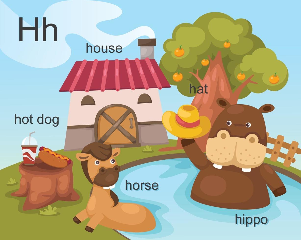Alphabet H letter hot dog, house, hat ,horse, hippo. vector