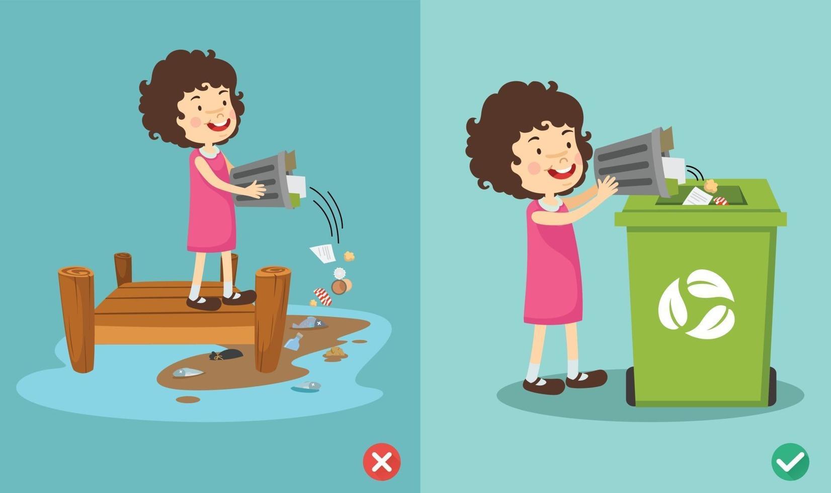 No arroje basura al río, ilustración vectorial incorrecta y correcta vector