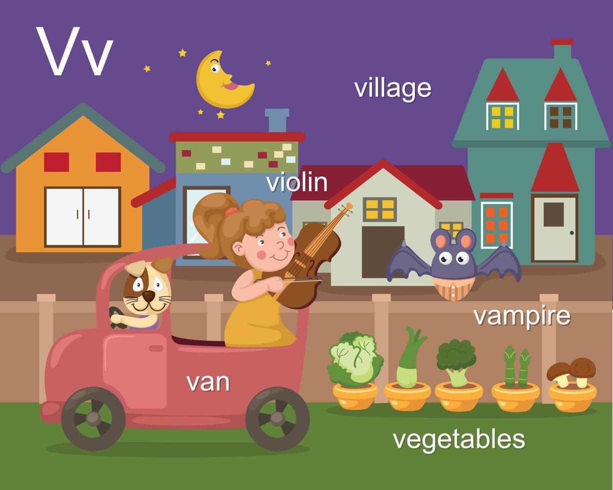 Alphabet V letter van, violin, village, vampire, vegetables vector