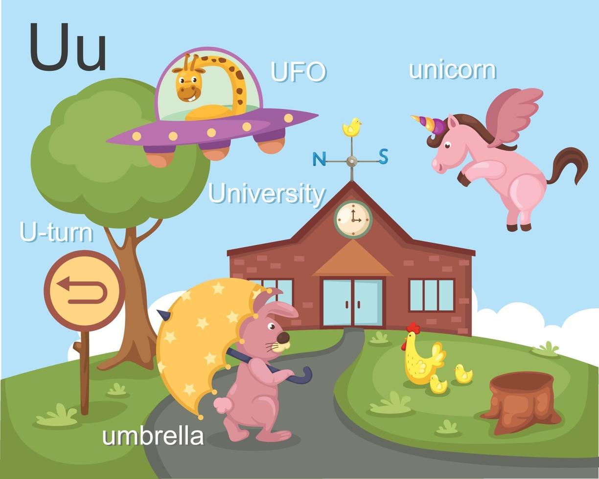 Alphabet U letter ufo, u-turn, umbrella, university, unicorn vector