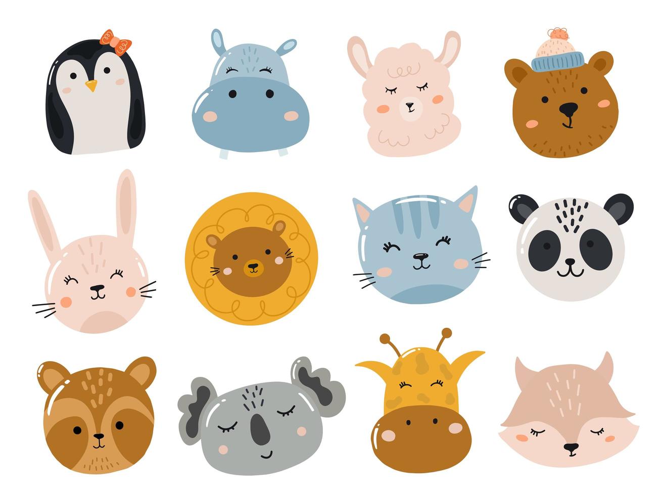 Set of cute stickers with animals head and face vector