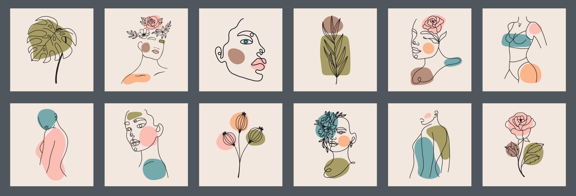 Big background set of faces, leaves, flowers, abstract shapes. Ink painting style. Contemporary Hand drawn Vector illustrations. Continuous line, minimalistic elegant concept All elements are isolated