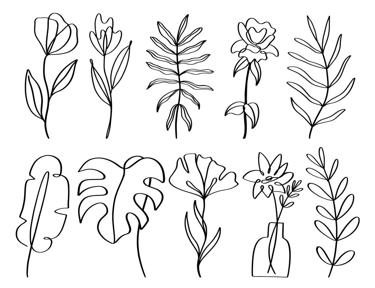 Set of contemporary one line hand drawn floral element vector