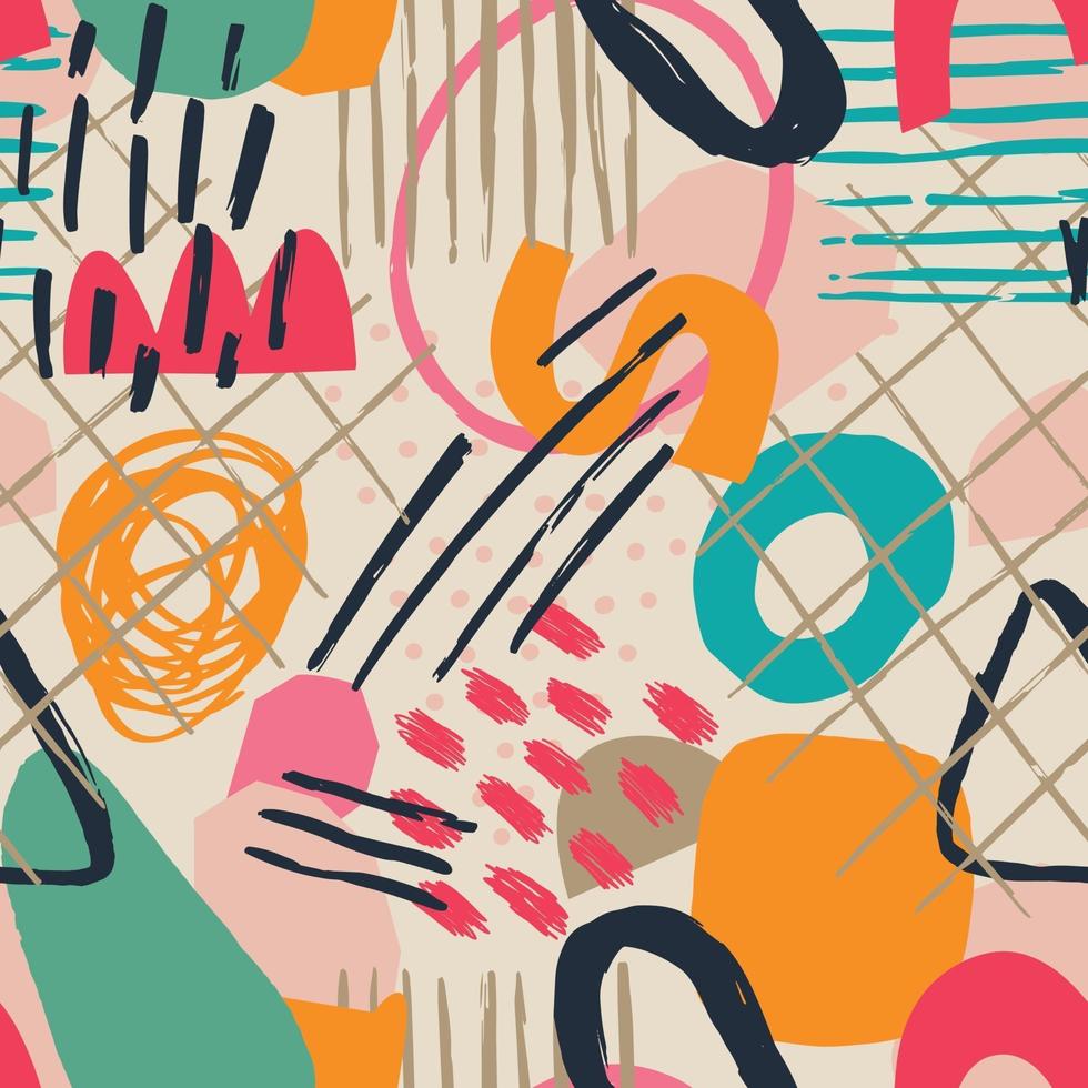 Hand drawn various shapes and leaves, spots, dots and lines. Different colors. Abstract contemporary seamless pattern. Modern patchwork illustration in vector