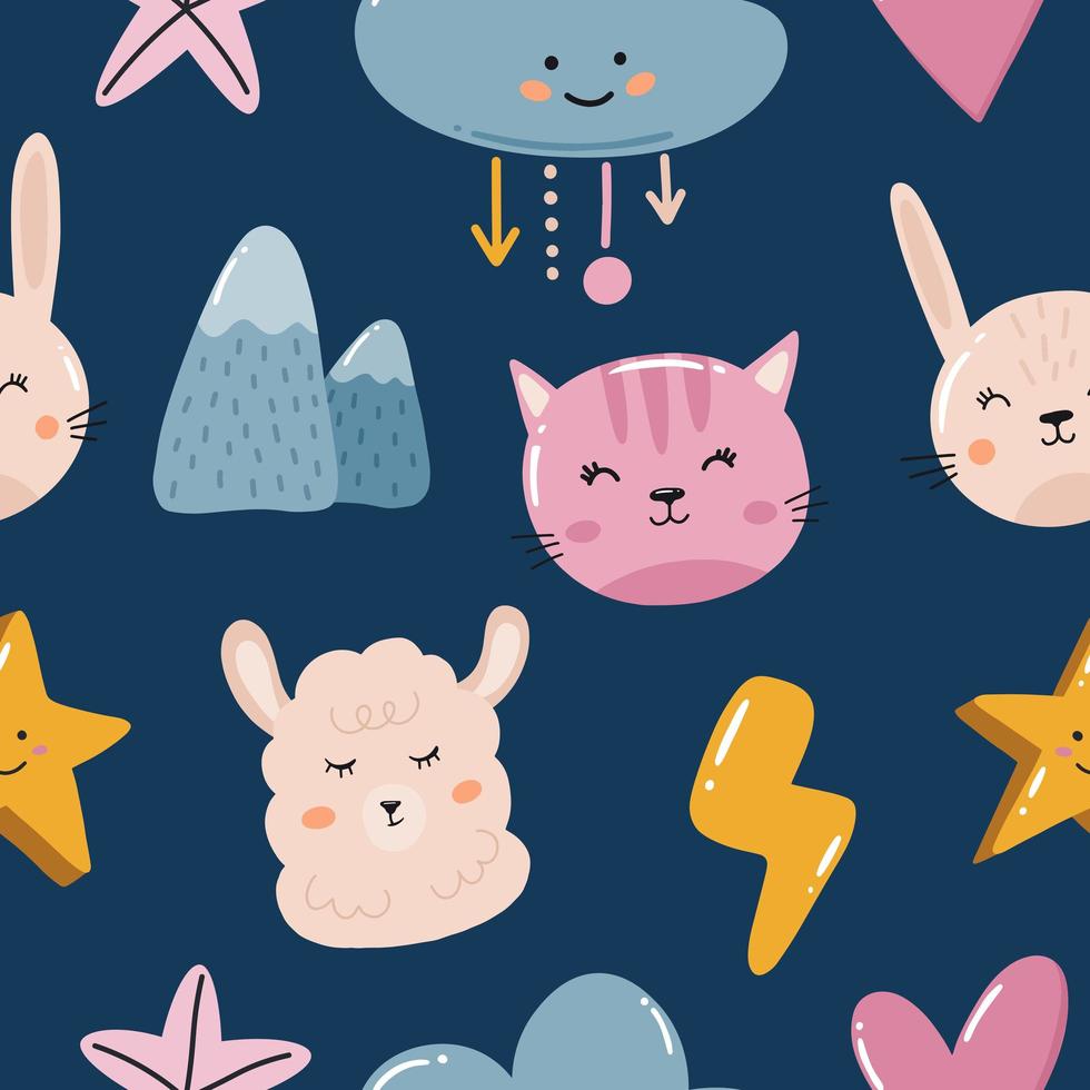 Scandinavian Seamless childish pattern with cute animal faces. vector