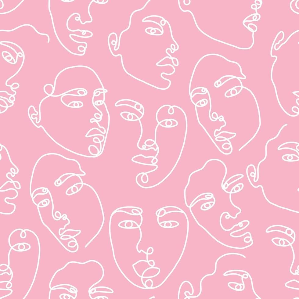 One line drawing abstract face seamless pattern. Modern minimalism art, aesthetic contour. Continuous line background with woman and man faces. Vector group of people