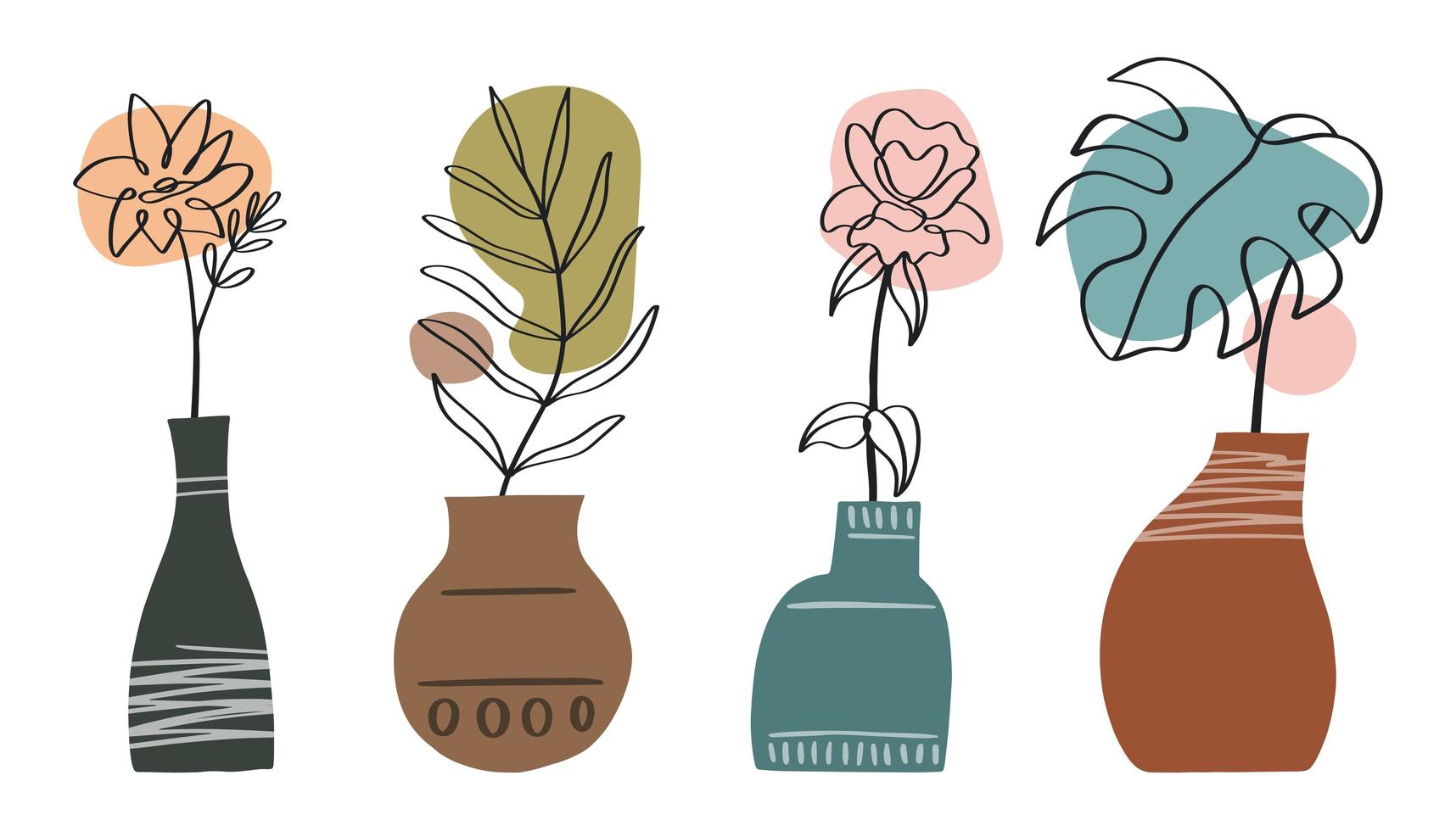 Abstract line art collection with vases and floral, leaves vector