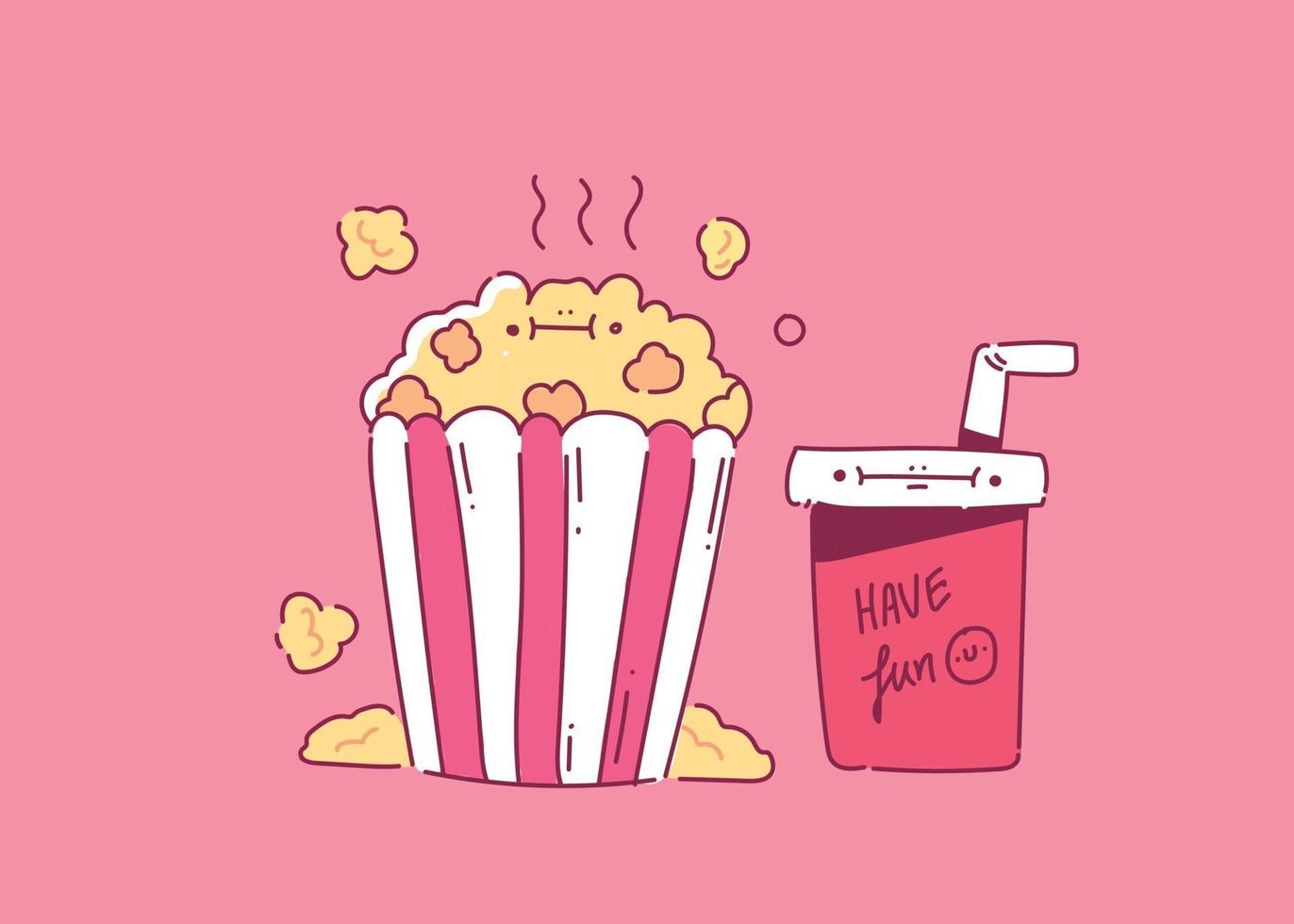 palomitas de maíz con un vaso de refresco para la ilustración de vector de cine de estilo de mano de cine doodle