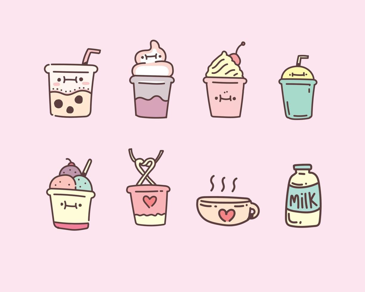 bubble milk tea set in hand drawn doodle style vector