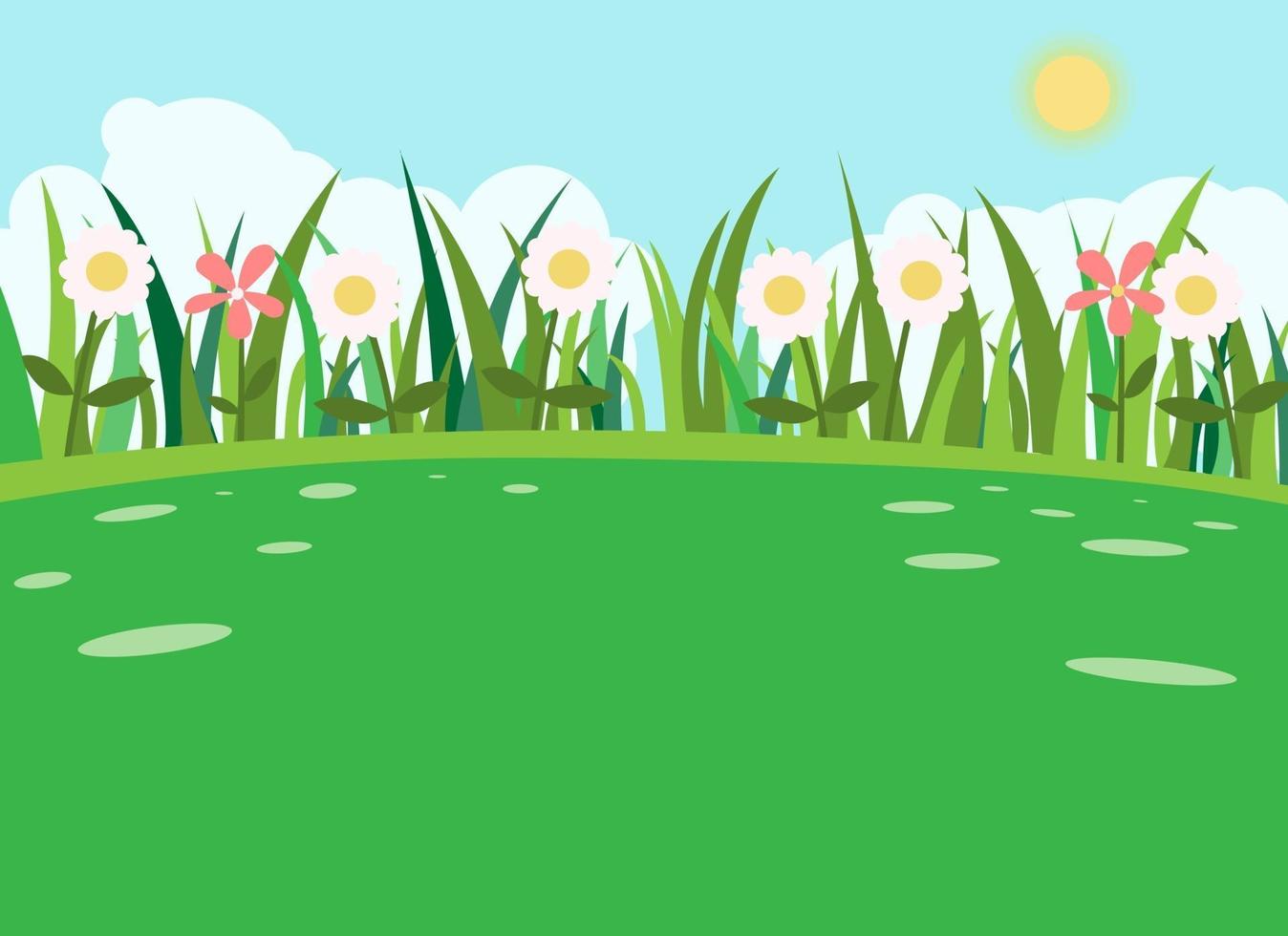 hierba verde con fondo de flores y cielo. naturaleza paisaje hierba en colina verde. escena natural de verano. floral en primavera. vector