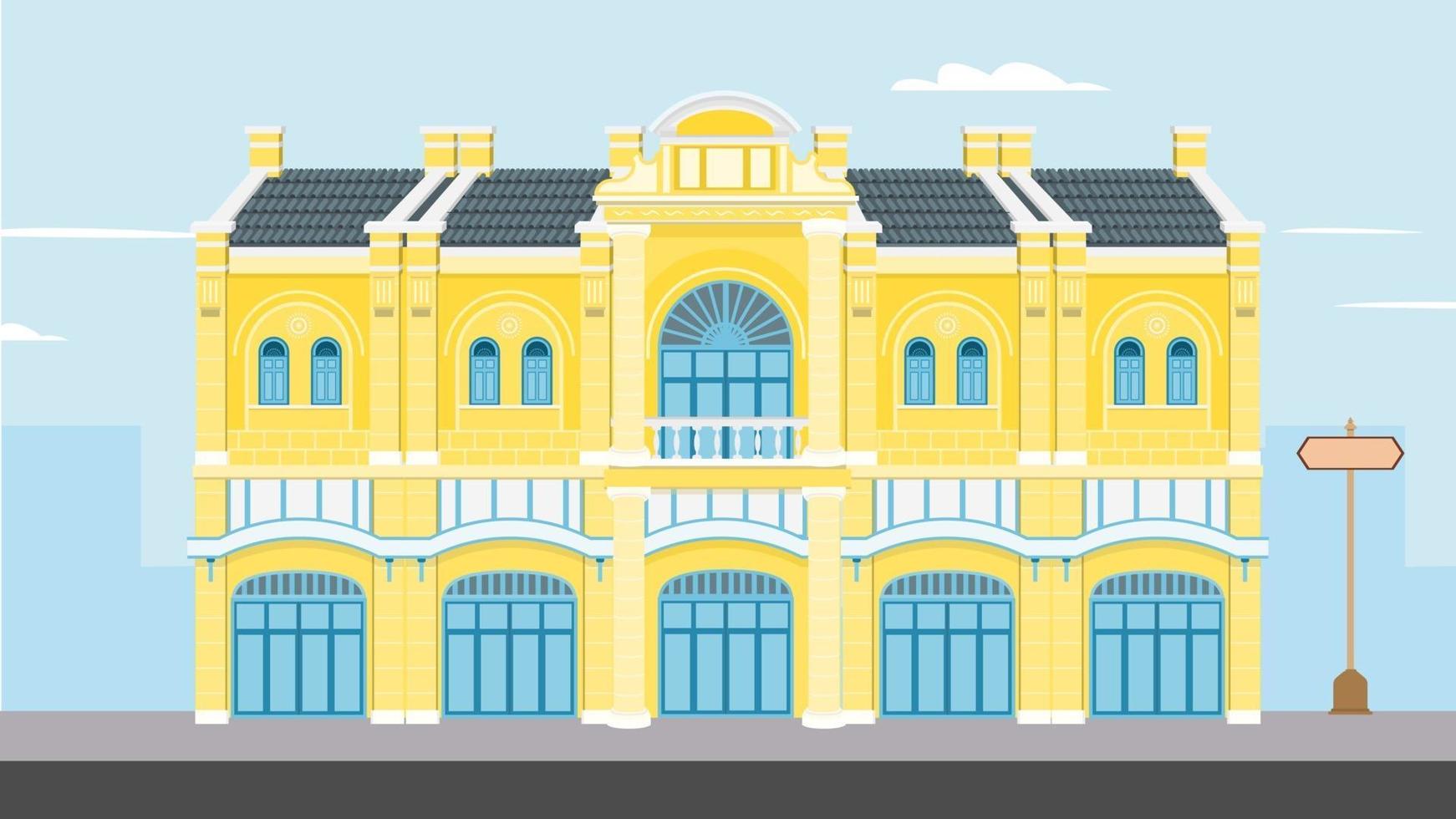 Thai Vintage building vector illustration. Goverment buildings on street flat design. Old historic building in Bangkok. Classic house on raod with city background