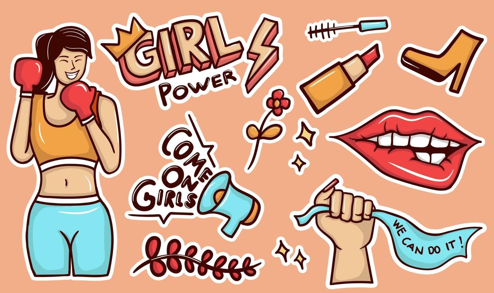 Colorful Hand drawn girl power stickers collection vector