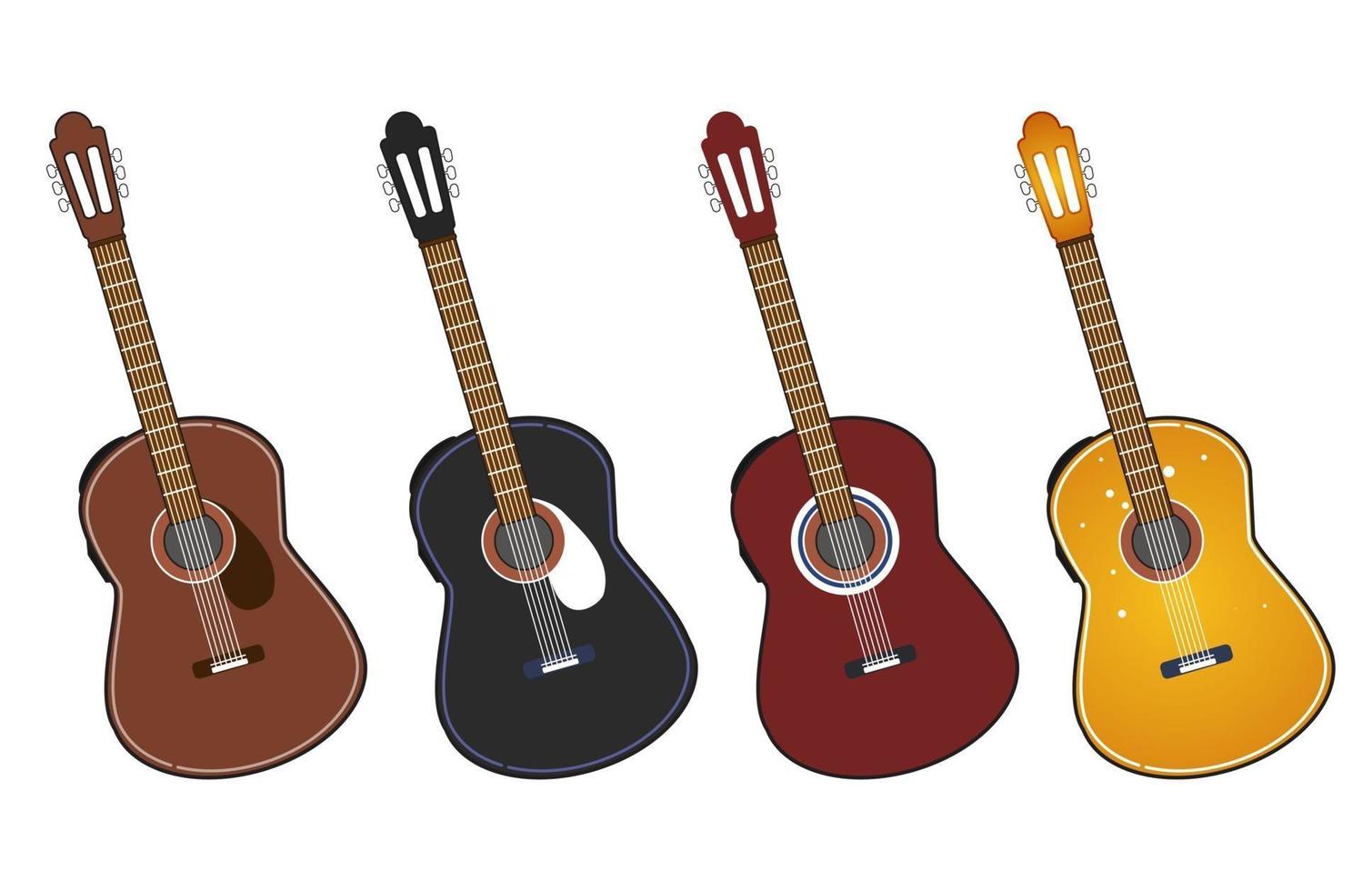Guitar set. Acoustic guitar, electric guitar and ukulele on white background. Stringed instrument. Cute flat cartoon style. Vector illustration