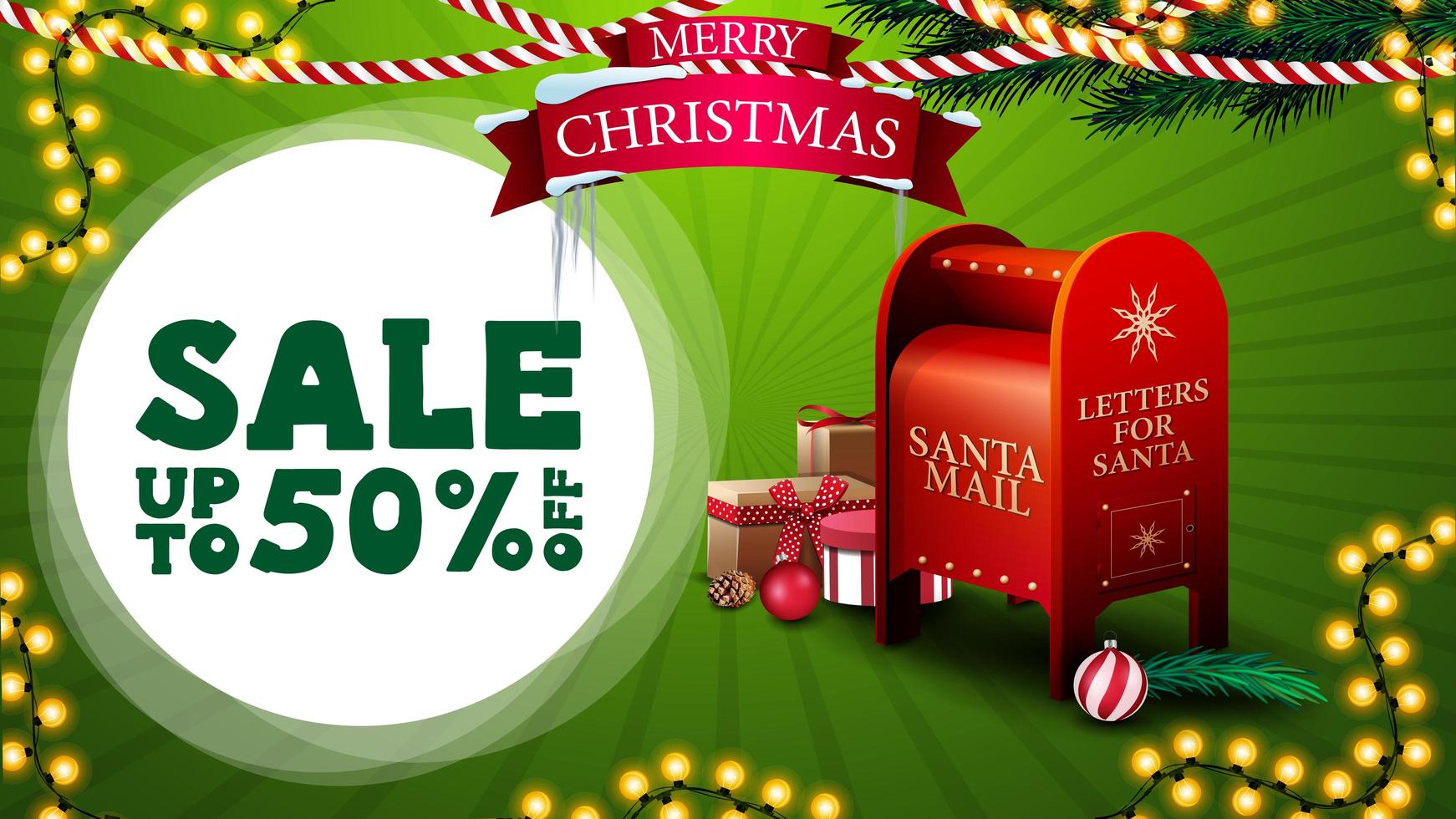 Christmas sale, up to 50 off, green discount banner for website with garlands, logo with ribbon, Christmas tree branches and Santa letterbox with presents vector