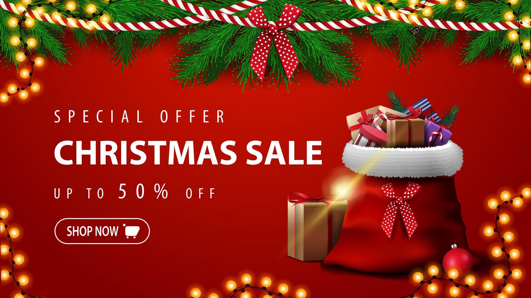 oferta especial, venta de navidad, hasta 50 de descuento, hermoso banner rojo de descuento con ramas de árbol de navidad, guirnaldas y bolsa de santa claus con regalos vector