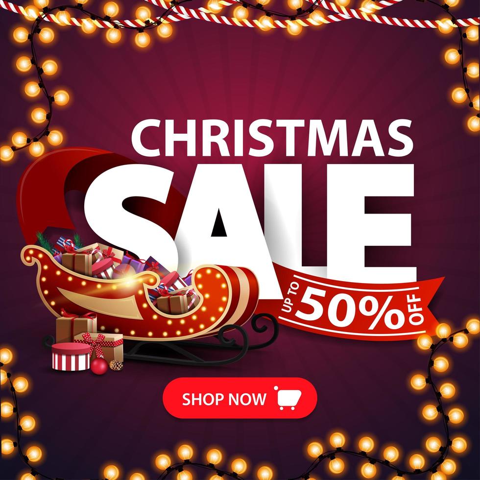 Christmas sale, up to 50 off, square purple discount banner with garlands, large letters, red ribbon, button and Santa Sleigh with presents vector