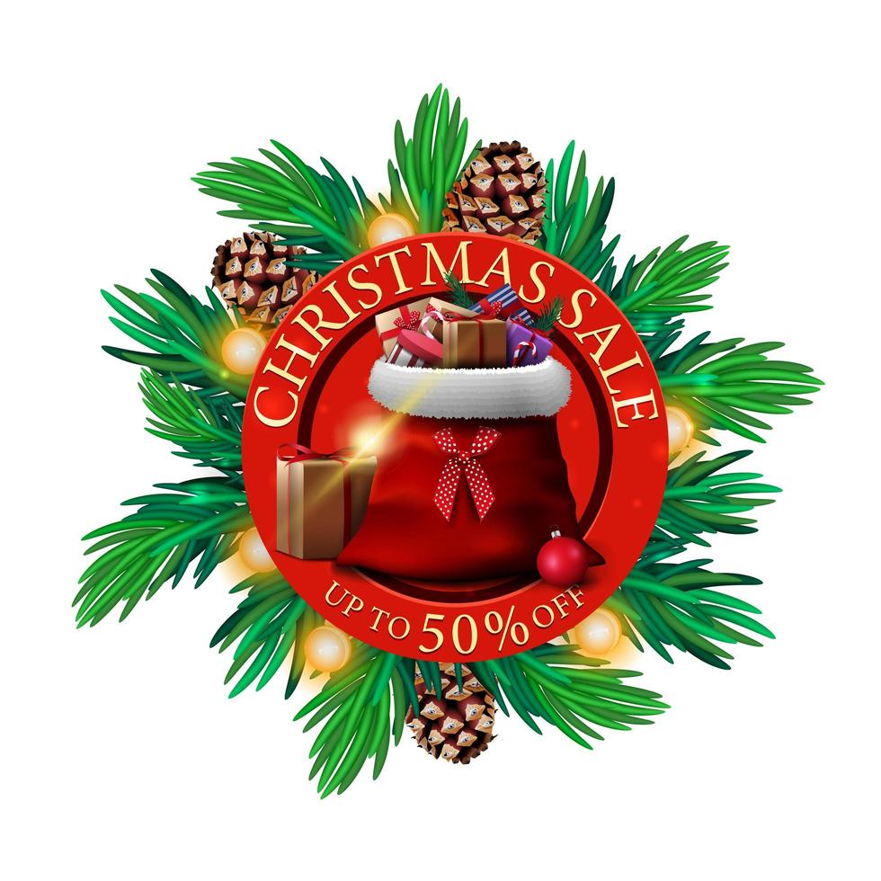 Christmas sale, up to 50 off, round discount banner with Christmas treee branches and Santa Claus bag with presents vector