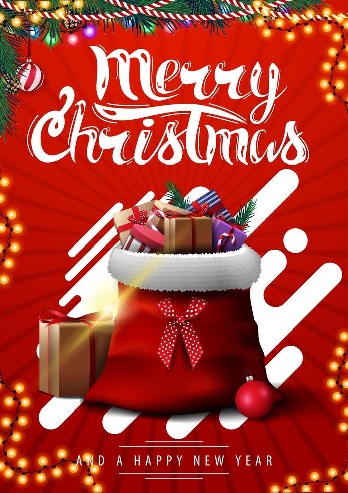 feliz navidad, postal vertical roja con formas abstractas, guirnaldas y bolsa de santa claus con regalos vector