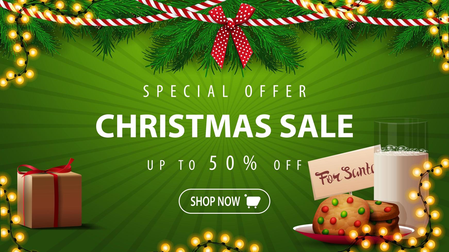 Special offer, Christmas sale, up to 50 off, beautiful green discount banner with Christmas tree branches, garlands and cookies with a glass of milk for Santa Claus vector