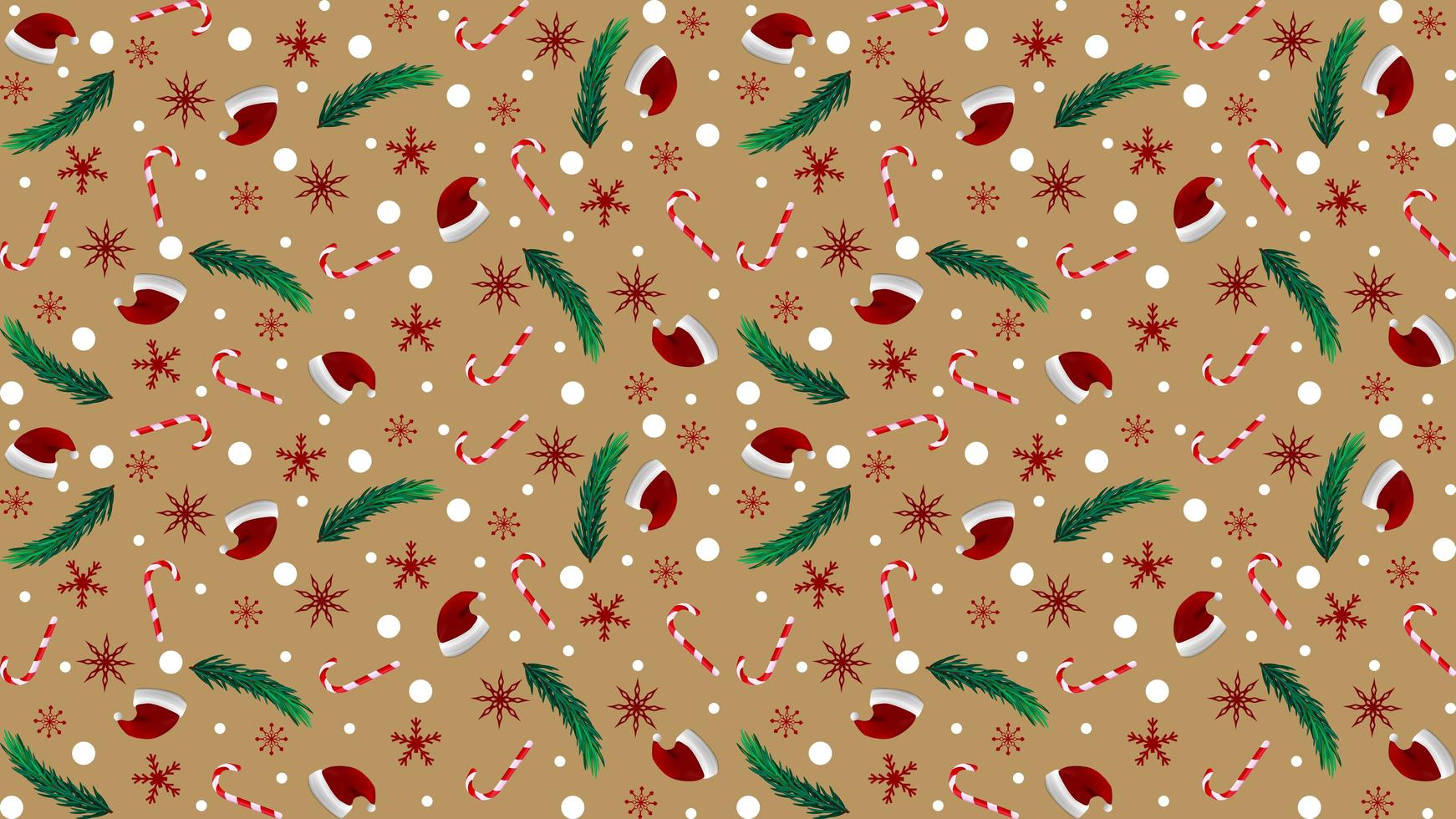 textura marrón navideña con sombrero de santa claus, ramas de árboles de navidad, bastón de caramelo y copo de nieve vector