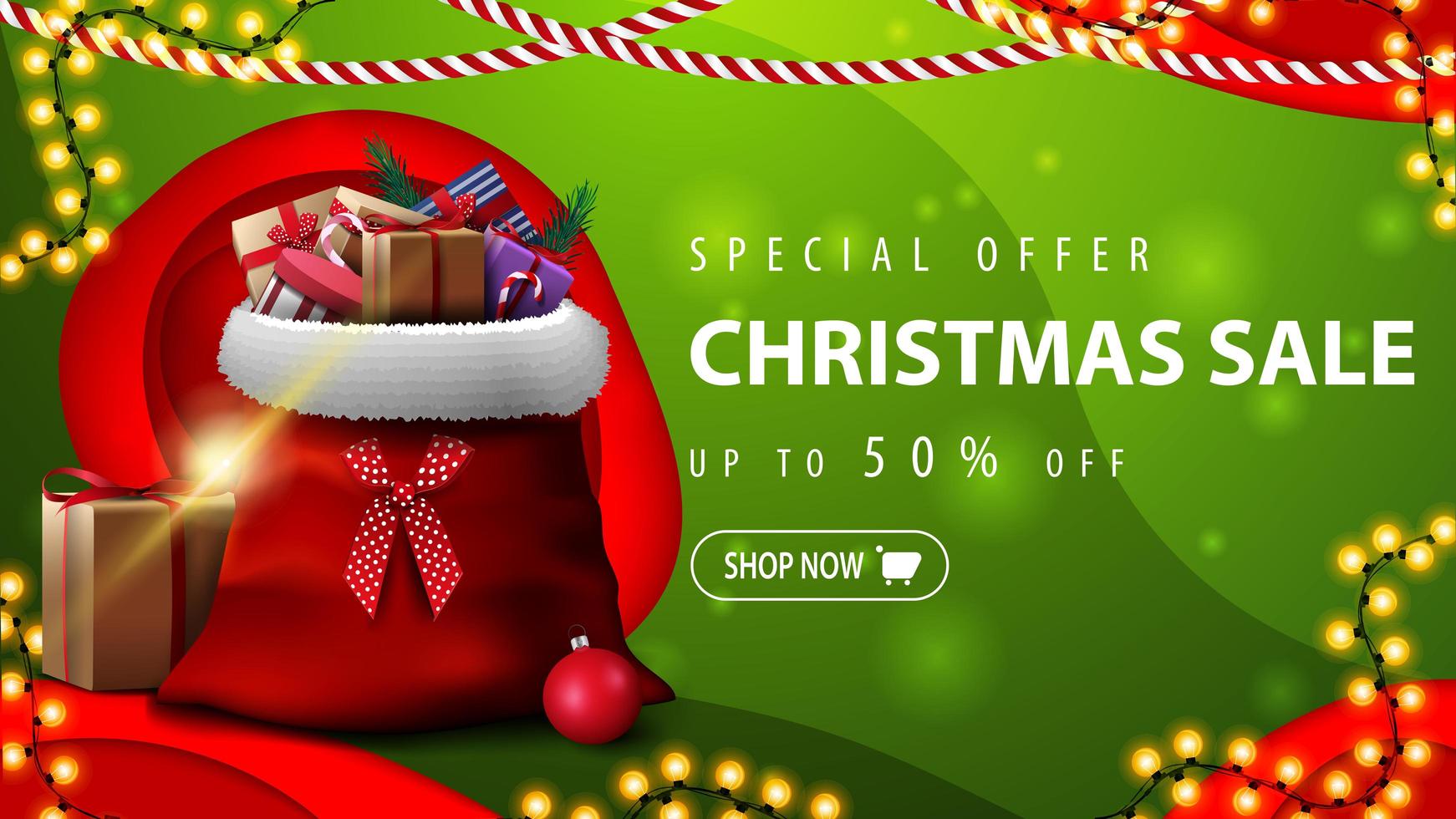 Special offer, Christmas sale, up to 50 off, green horizontal discount banner in paper cut style with Santa Claus bag with presents vector