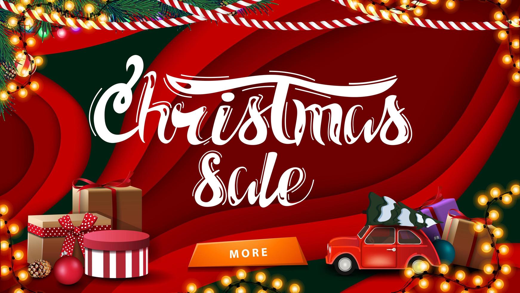 Christmas sale, red horizontal discount banner in paper cut style with Christmas presents and red vintage car carrying Christmas tree vector