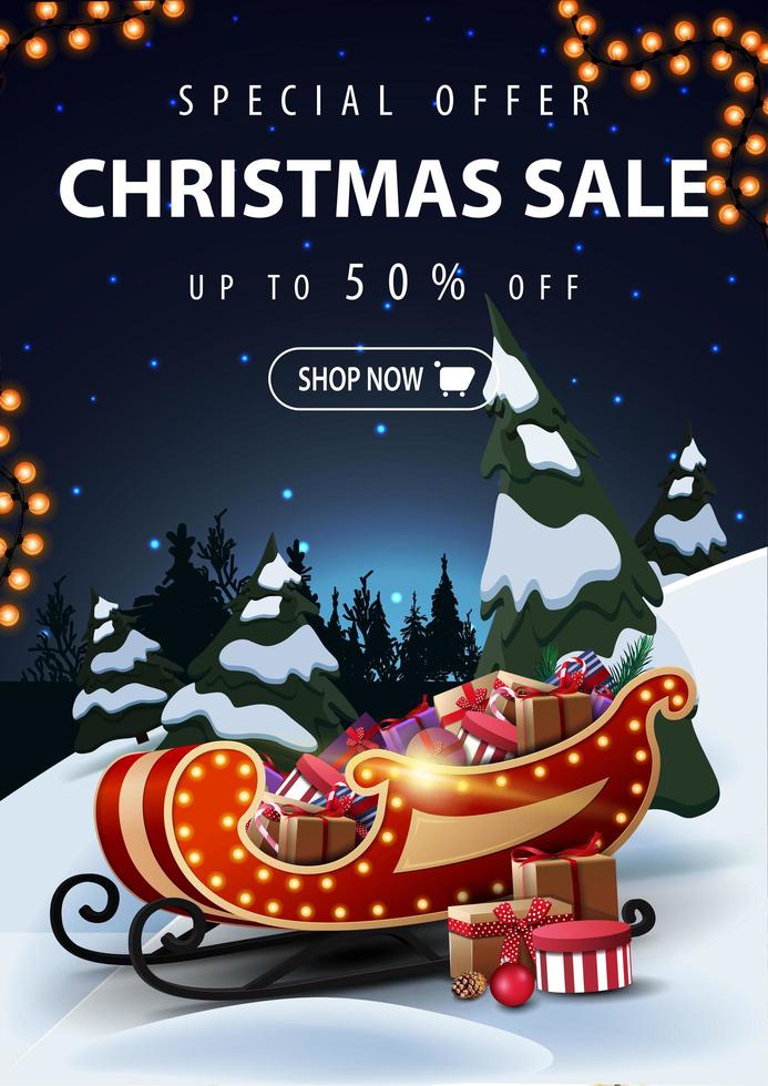 Special offer, Christmas sale, up to 50 off, beautiful discount banner with night cartoon winter landscape on background and Santa Sleigh with presents on foreground vector