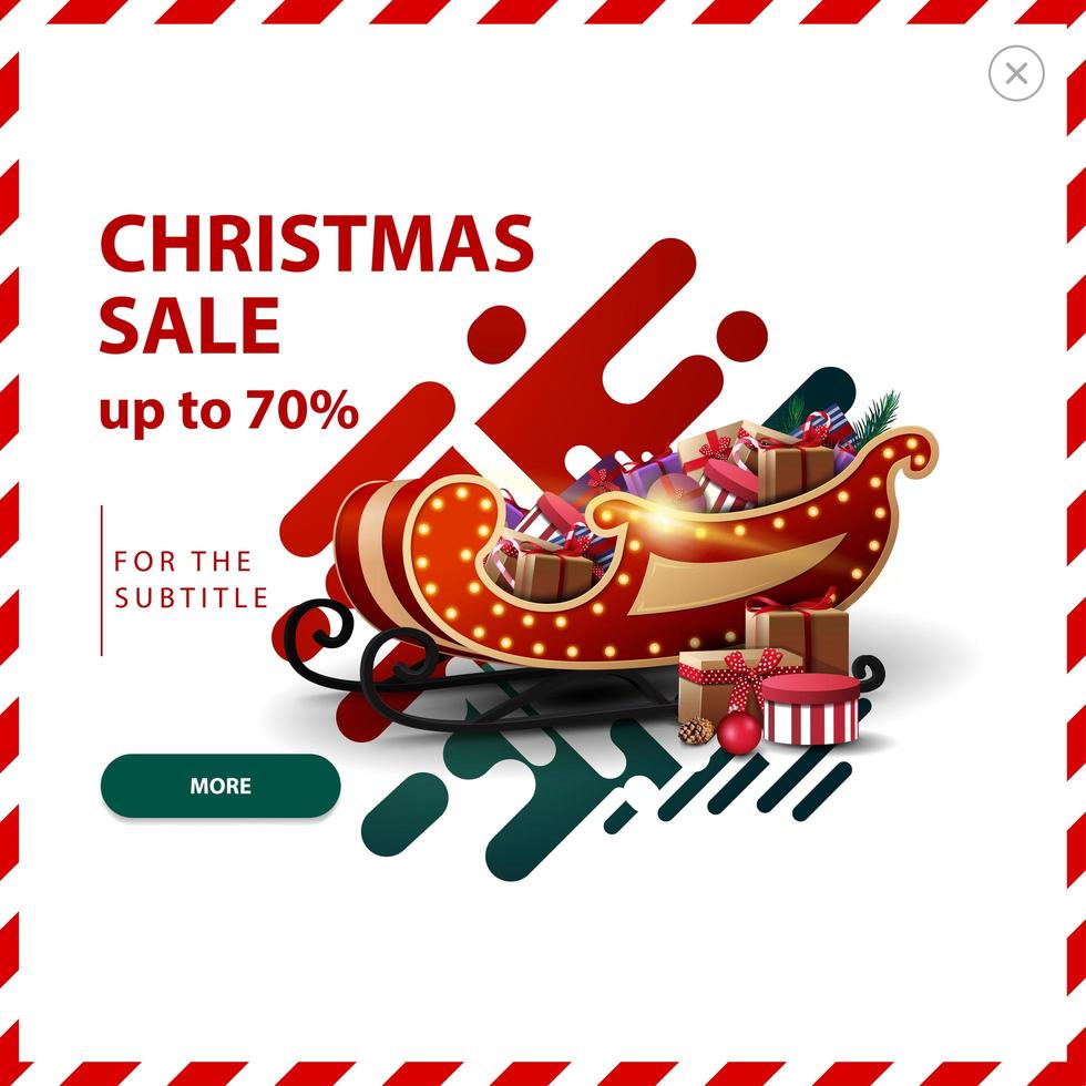 Christmas sale, up to 70 off, red and green discount pop up with abstract liquid shapes and Santa Sleigh with presents. vector