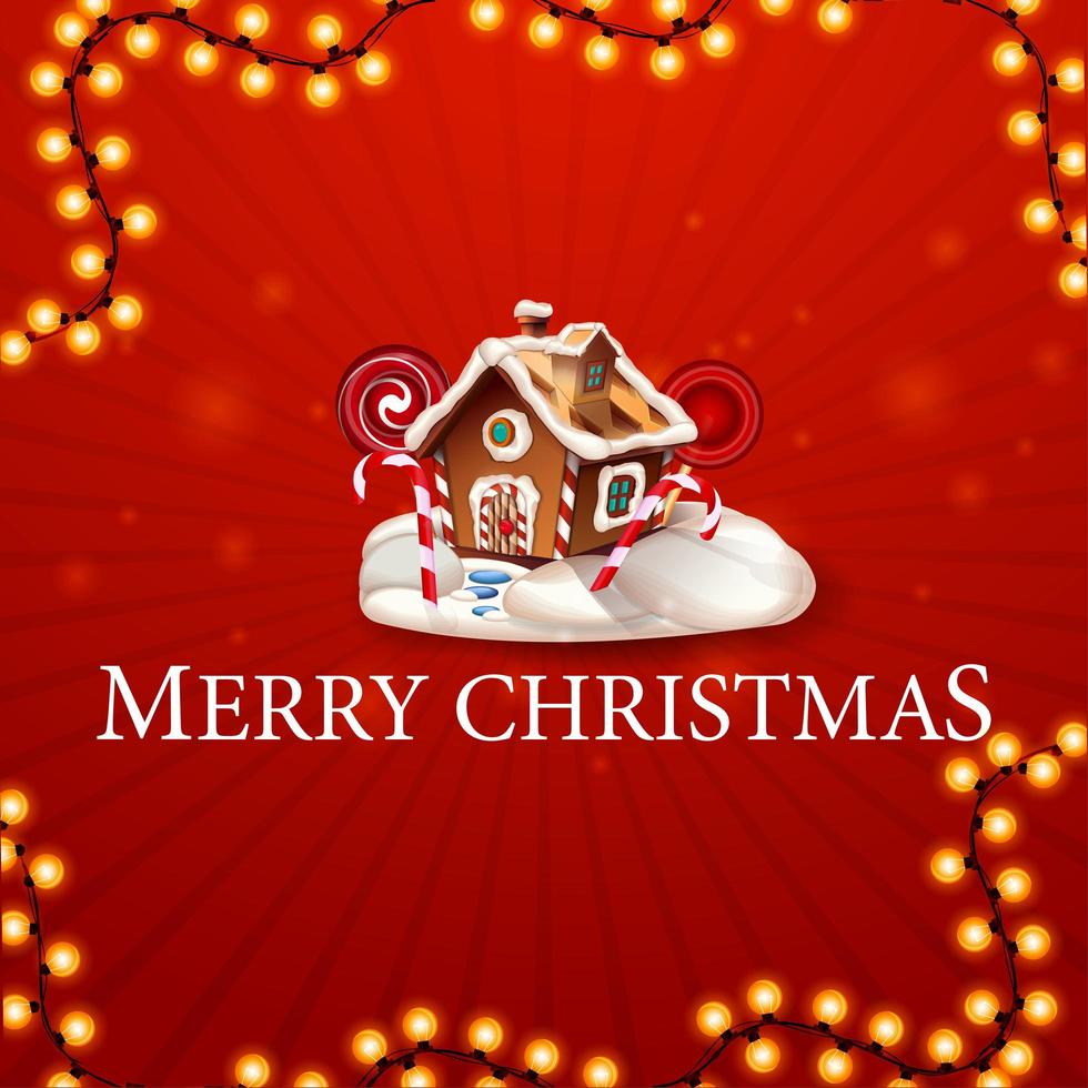 Merry Christmas, square red postcard in minimalism style with garland and Christmas gingerbread house with whipped cream and candy vector