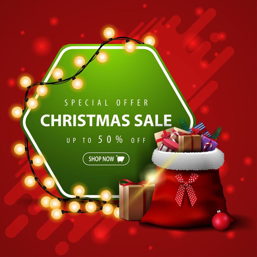 Special offer, Christmas sale, up to 50 off, square red and green banner with garland and Santa Claus bag with presents vector