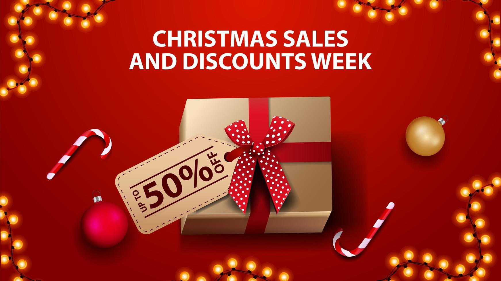 Christmas sales and discount week, red banner with gift box, Christmas balls and candy cane, top view vector