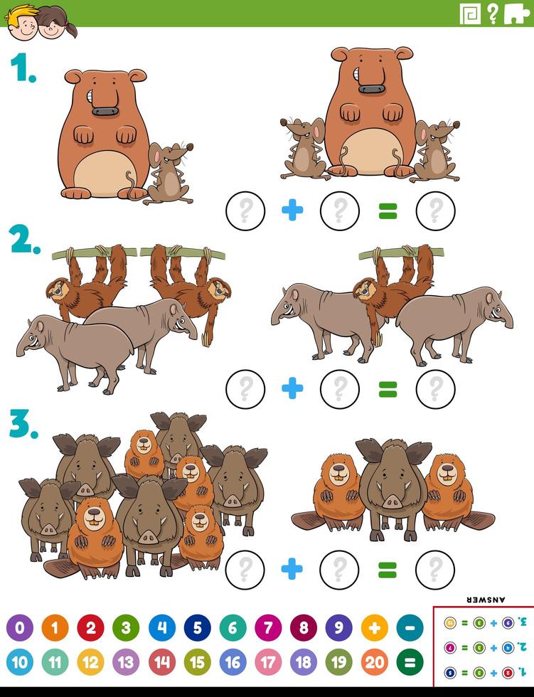 Tarea educativa de adición de matemáticas con animales salvajes. vector