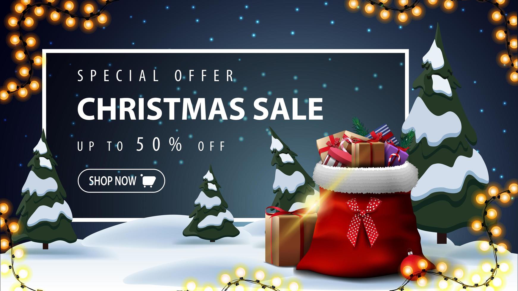 Special offer, Christmas sale, up to 50 off, beautiful discount banner with cartoon winter landscape on background, garland, Santa Claus bag with presents and white frame with offer behind the snowdrifts vector